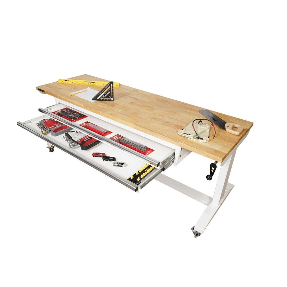 HUSKY - 72 In. W X 24 In. D 2-Drawer Adjustable Height White Worktable with Solid Wood Top - Serious Techies