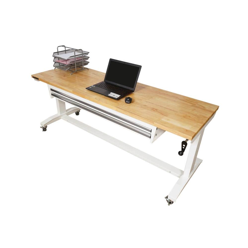 HUSKY - 72 In. W X 24 In. D 2-Drawer Adjustable Height White Worktable with Solid Wood Top - Serious Techies