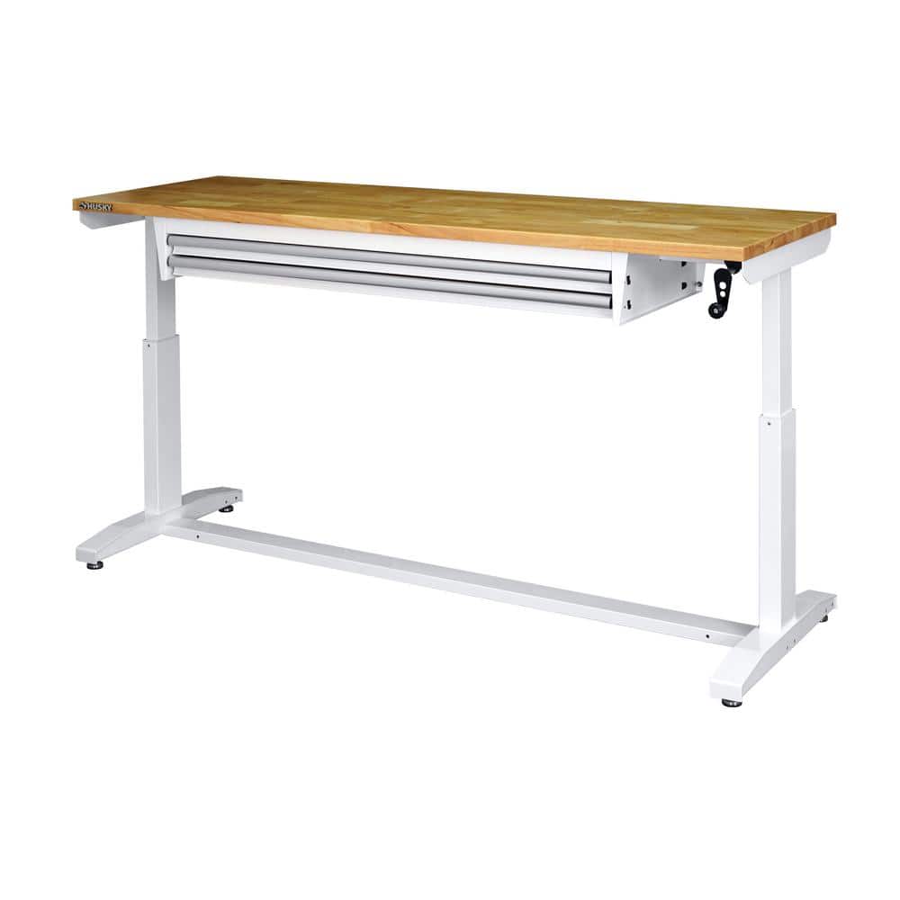HUSKY - 72 In. W X 24 In. D 2-Drawer Adjustable Height White Worktable with Solid Wood Top - Serious Techies