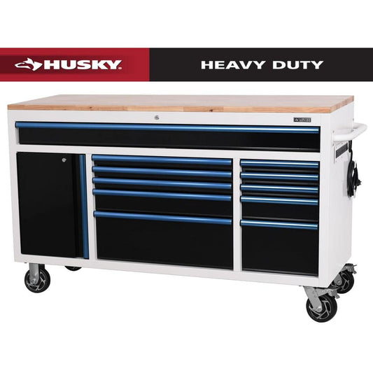 Husky - Limited Edition 61 In. W X 23 In. D 11-Drawer White Mobile Workbench Cabinet with Solid Wood Top Serious Techies