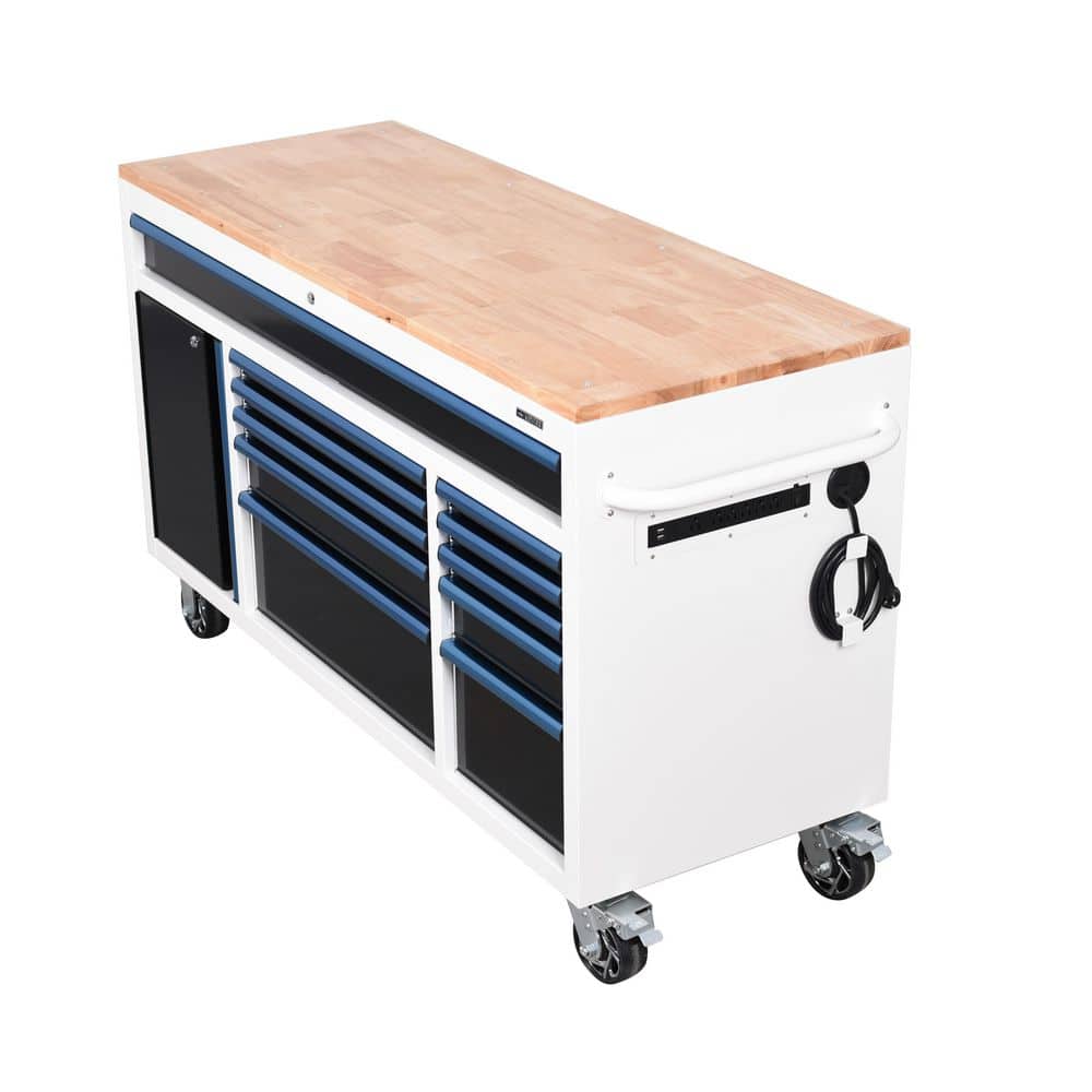 Husky - Limited Edition 61 In. W X 23 In. D 11-Drawer White Mobile Workbench Cabinet with Solid Wood Top Serious Techies