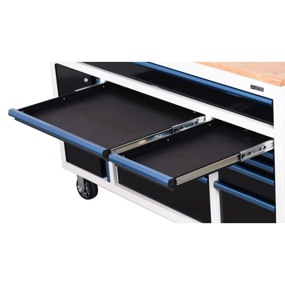 Husky - Limited Edition 61 In. W X 23 In. D 11-Drawer White Mobile Workbench Cabinet with Solid Wood Top Serious Techies