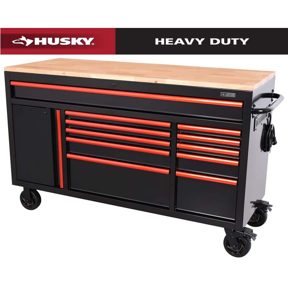 Husky - Limited Edition 61 In. W X 23 In. D 11-Drawer White Mobile Workbench Cabinet with Solid Wood Top Serious Techies