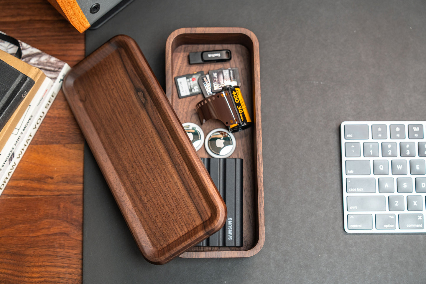 TheProVideo - Walnut Wooden Box with Lid: Desk Organizer - Serious Techies