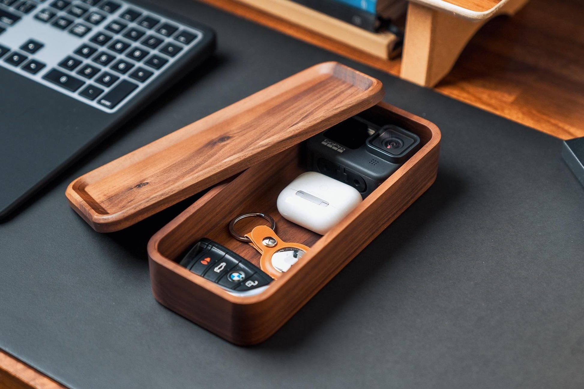 TheProVideo - Walnut Wooden Box with Lid: Desk Organizer - Serious Techies