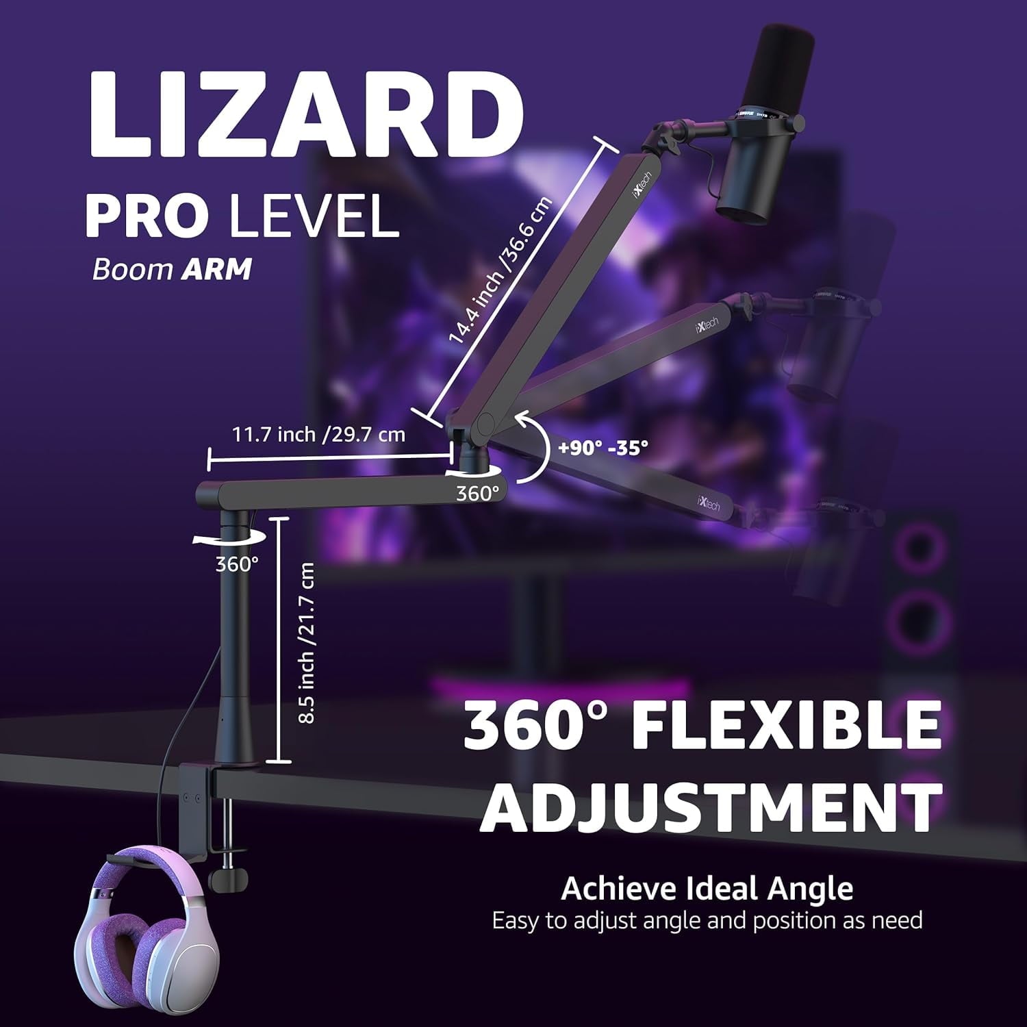 IXTECH - Mic Boom Arm Stand LP Microphone Stand Low Profile Microphone Arm Adjustable for Blue Yeti Shure Sm7B Hyperx Quadcast Rode Fifine, Mic Arm for Gaming Podcasting Lizard Pro - Serious Techies