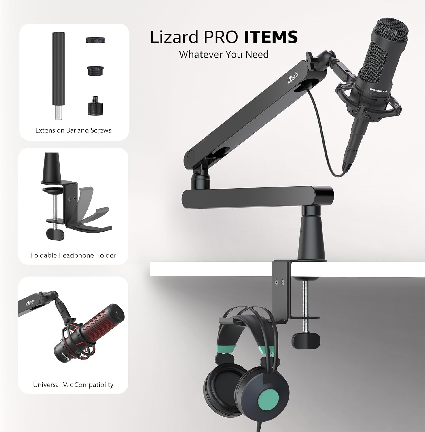 IXTECH - Mic Boom Arm Stand LP Microphone Stand Low Profile Microphone Arm Adjustable for Blue Yeti Shure Sm7B Hyperx Quadcast Rode Fifine, Mic Arm for Gaming Podcasting Lizard Pro - Serious Techies