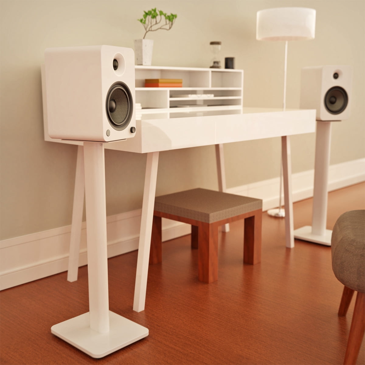 Kanto - 26" Tall Bookshelf Powered Technology Speaker Stands Integrated Cable Management, White - Serious Techies