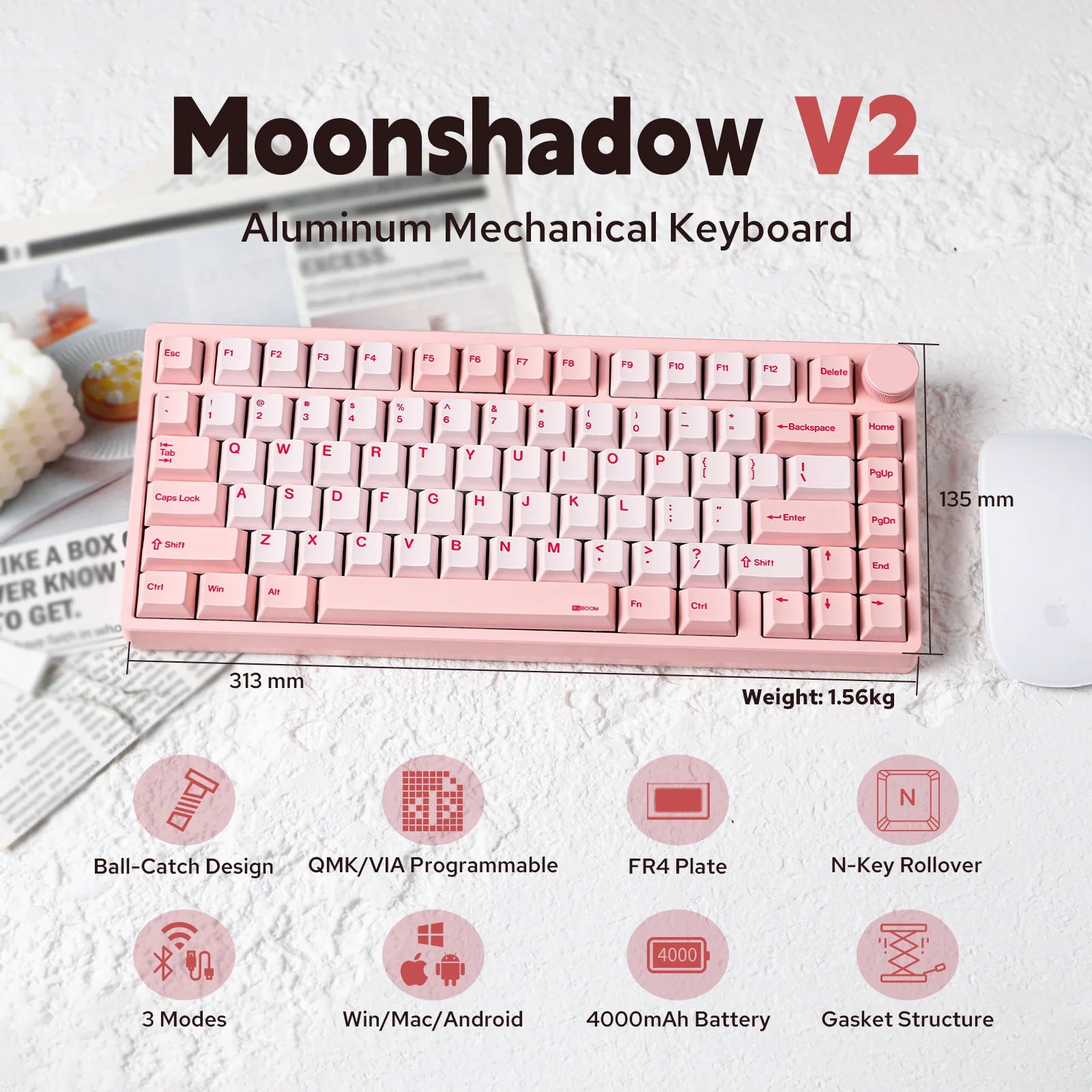 KiiBOOM - Moonshadow V2 V2 75% QMK&VIA Wired Usb-C/Bt5.0/2.4Ghz Wireless Hot-Swap Aluminum Mechanical Gaming Keyboard with FR4 Plate