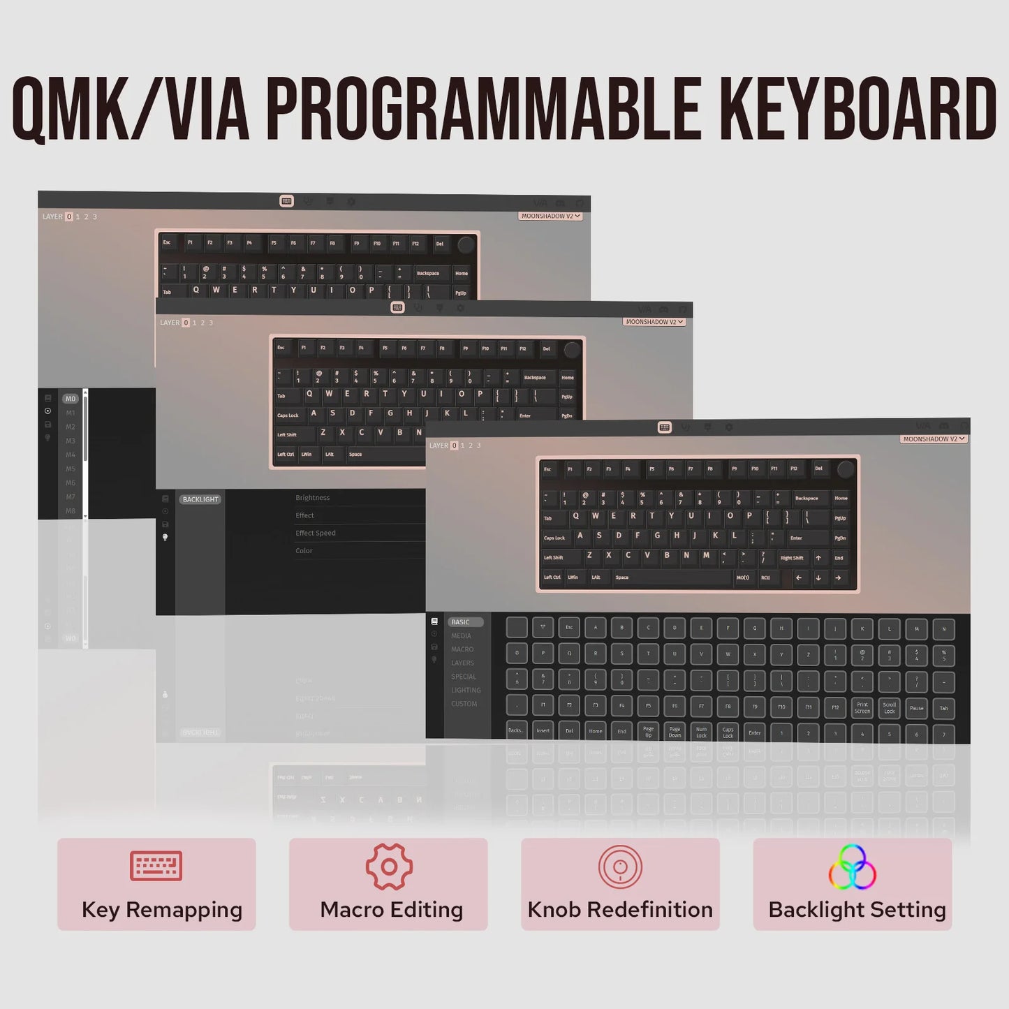 KiiBOOM - Moonshadow V2 V2 75% QMK&VIA Wired Usb-C/Bt5.0/2.4Ghz Wireless Hot-Swap Aluminum Mechanical Gaming Keyboard with FR4 Plate