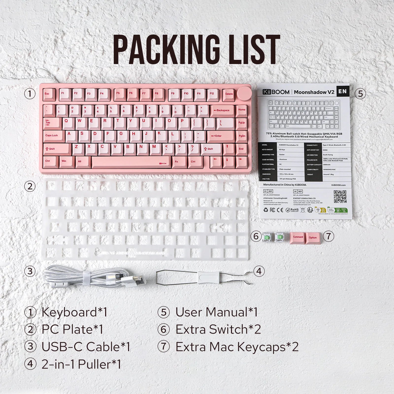 KiiBOOM - Moonshadow V2 V2 75% QMK&VIA Wired Usb-C/Bt5.0/2.4Ghz Wireless Hot-Swap Aluminum Mechanical Gaming Keyboard with FR4 Plate
