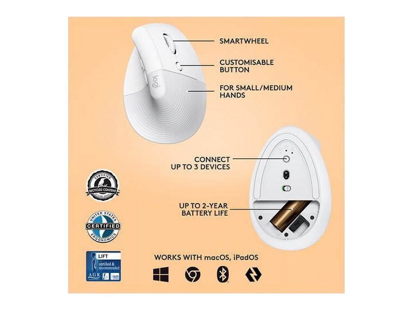Lift Vertical Ergonomic Mouse, Wireless, Bluetooth or Logi Bolt USB Receiver, Quiet Clicks, 4 Buttons, Compatible with Windows/Macos/Ipados, Laptop, PC - off White - Serious Techies