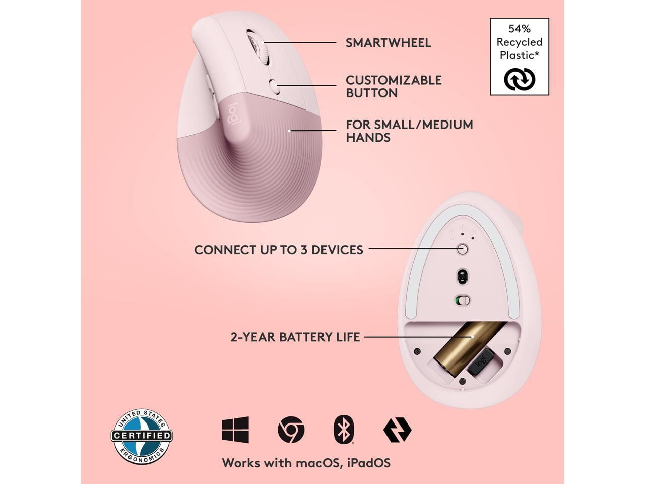 Lift Vertical Ergonomic Mouse, Wireless, Bluetooth or Logi Bolt USB Receiver, Quiet Clicks, 4 Buttons, Compatible with Windows/Macos/Ipados, Laptop, PC - Rose - Serious Techies