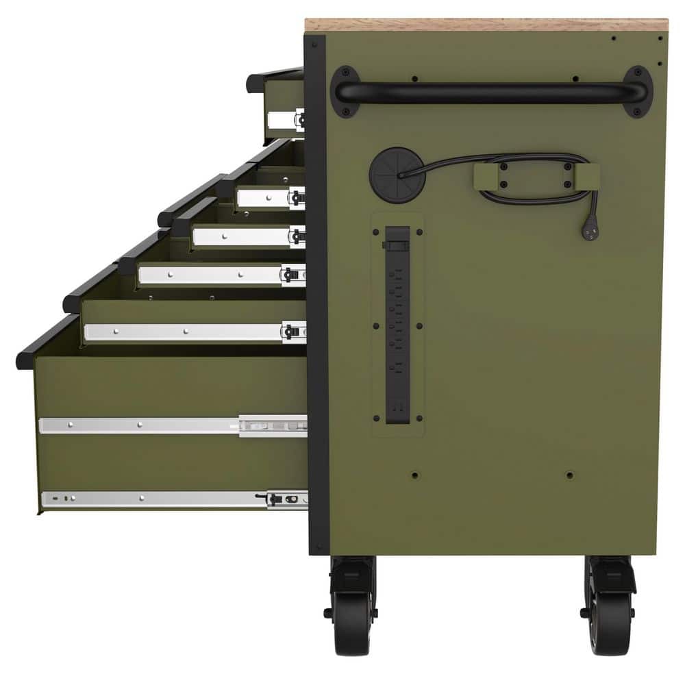 Husky - Standard-Duty 52 In. W 10-Drawer Matte Army Green Mobile Workbench Cabinet with Solid Wood Top - Serious Techies