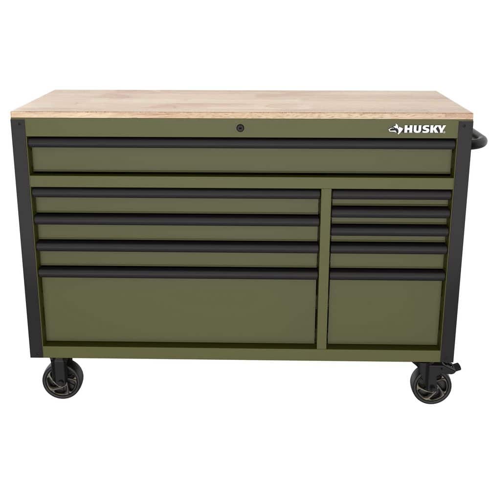 Husky - Standard-Duty 52 In. W 10-Drawer Matte Army Green Mobile Workbench Cabinet with Solid Wood Top - Serious Techies