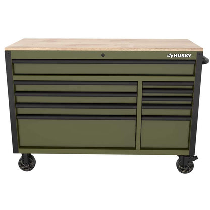 Husky - Standard-Duty 52 In. W 10-Drawer Matte Army Green Mobile Workbench Cabinet with Solid Wood Top - Serious Techies