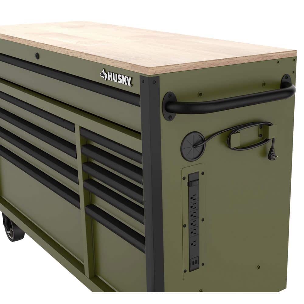 Husky - Standard-Duty 52 In. W 10-Drawer Matte Army Green Mobile Workbench Cabinet with Solid Wood Top - Serious Techies
