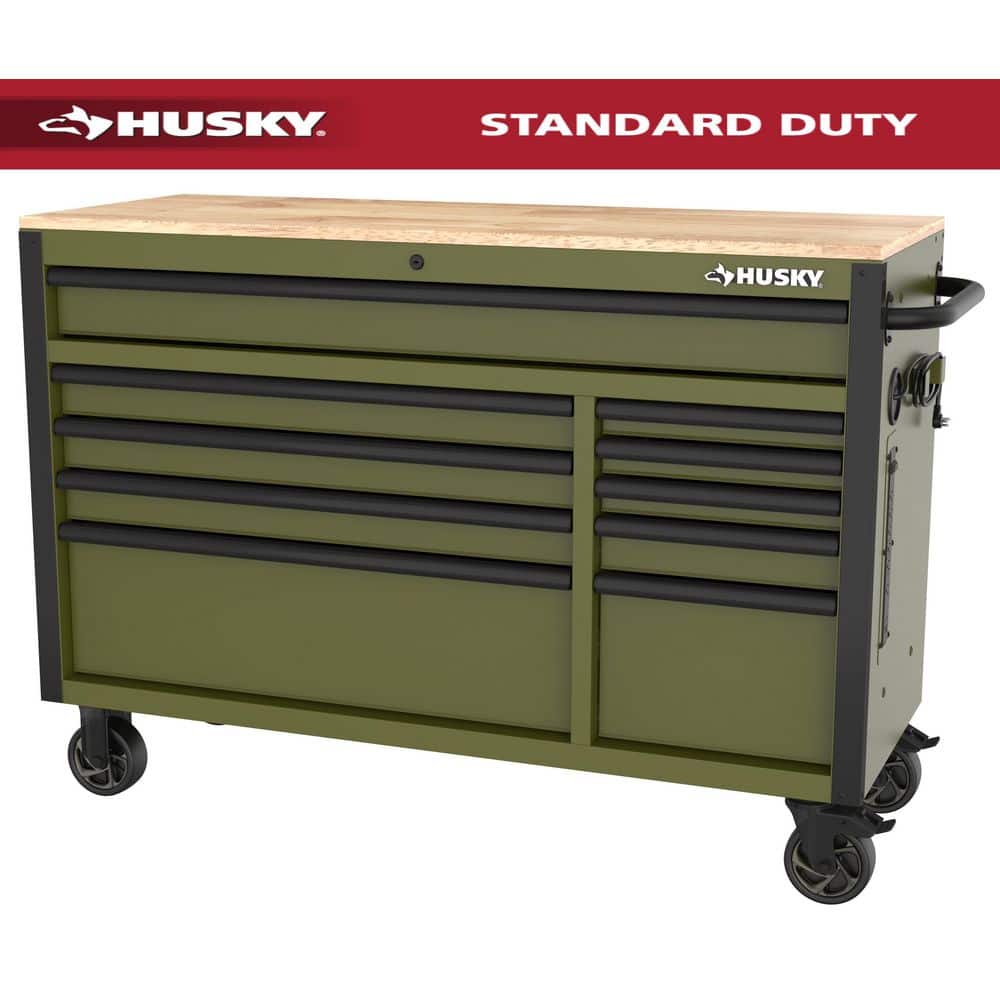 Husky - Standard-Duty 52 In. W 10-Drawer Matte Army Green Mobile Workbench Cabinet with Solid Wood Top - Serious Techies
