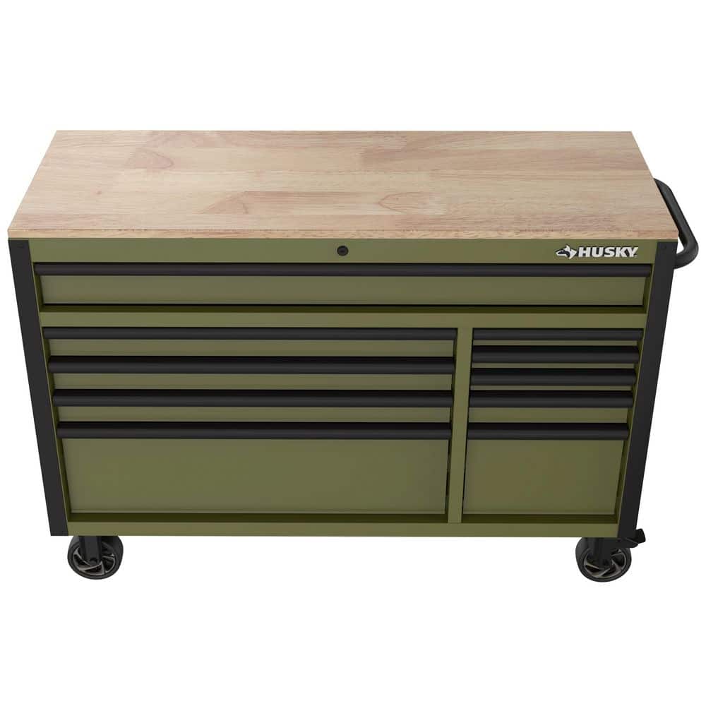 Husky - Standard-Duty 52 In. W 10-Drawer Matte Army Green Mobile Workbench Cabinet with Solid Wood Top - Serious Techies