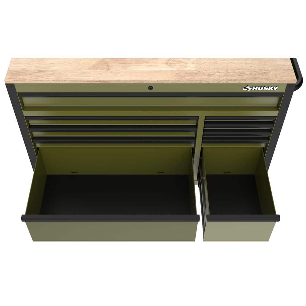 Husky - Standard-Duty 52 In. W 10-Drawer Matte Army Green Mobile Workbench Cabinet with Solid Wood Top - Serious Techies