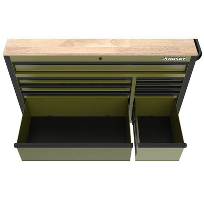 Husky - Standard-Duty 52 In. W 10-Drawer Matte Army Green Mobile Workbench Cabinet with Solid Wood Top - Serious Techies