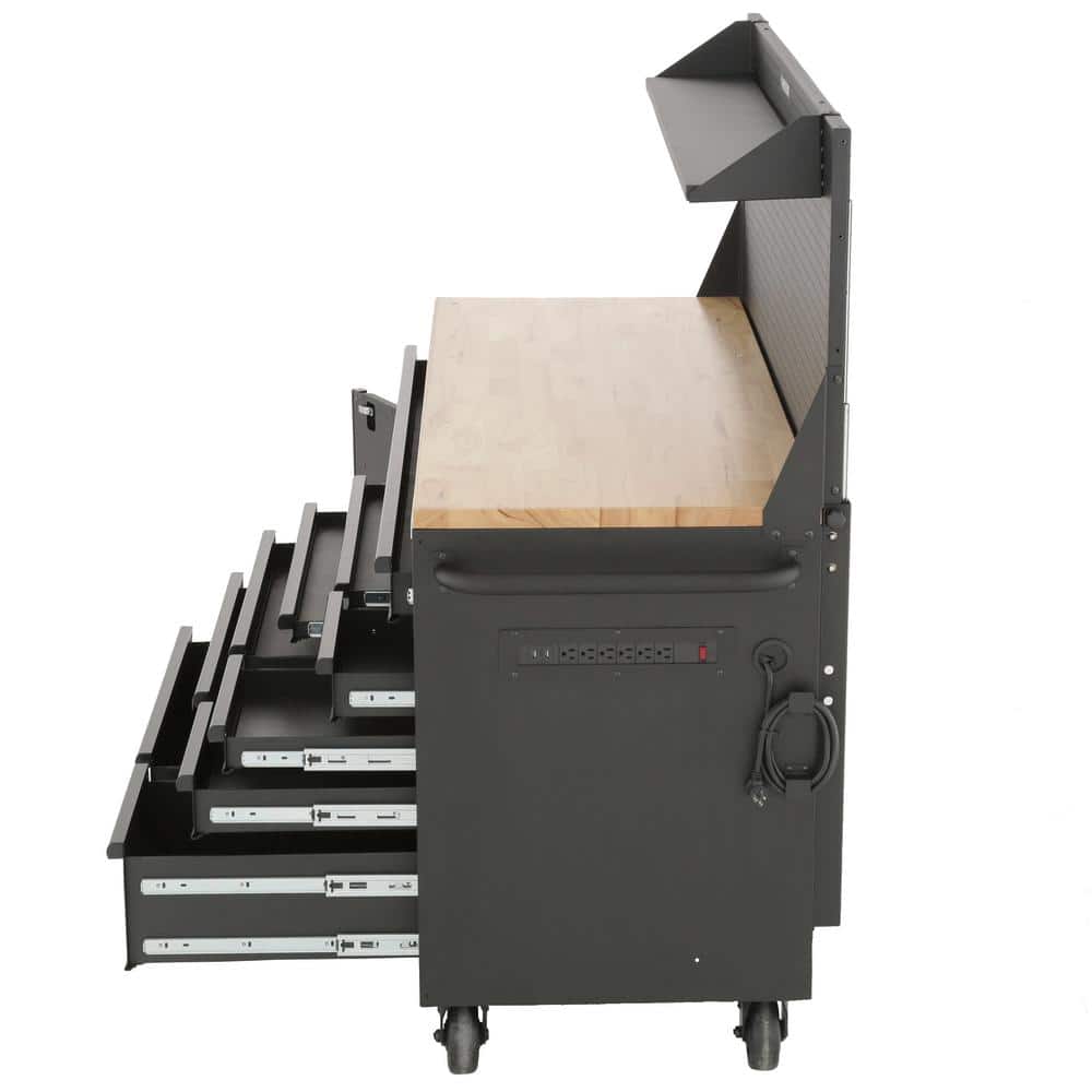 HUSKY - 61 In. W X 26 In. D Heavy Duty 10-Drawer 1-Door Mobile Workbench with Hardwood Top, Pegboard and Shelf in Matte Black - Serious Techies