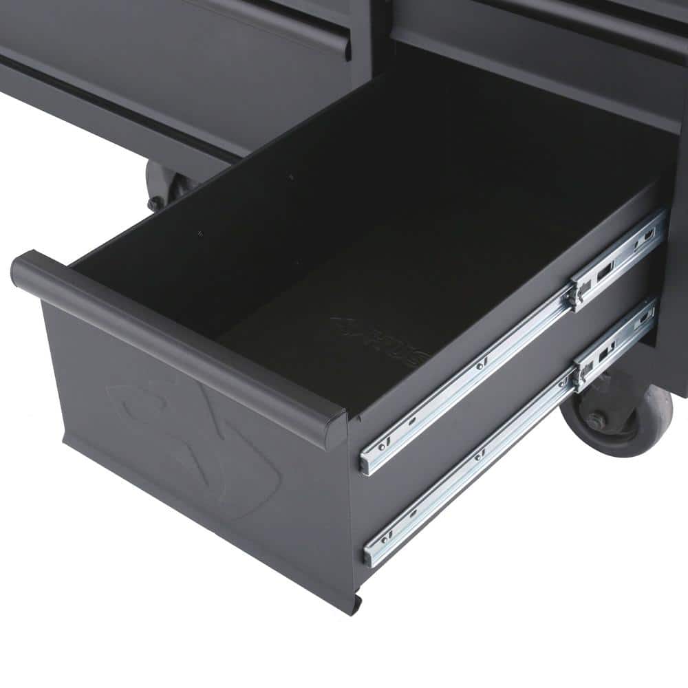 HUSKY - 61 In. W X 26 In. D Heavy Duty 10-Drawer 1-Door Mobile Workbench with Hardwood Top, Pegboard and Shelf in Matte Black - Serious Techies