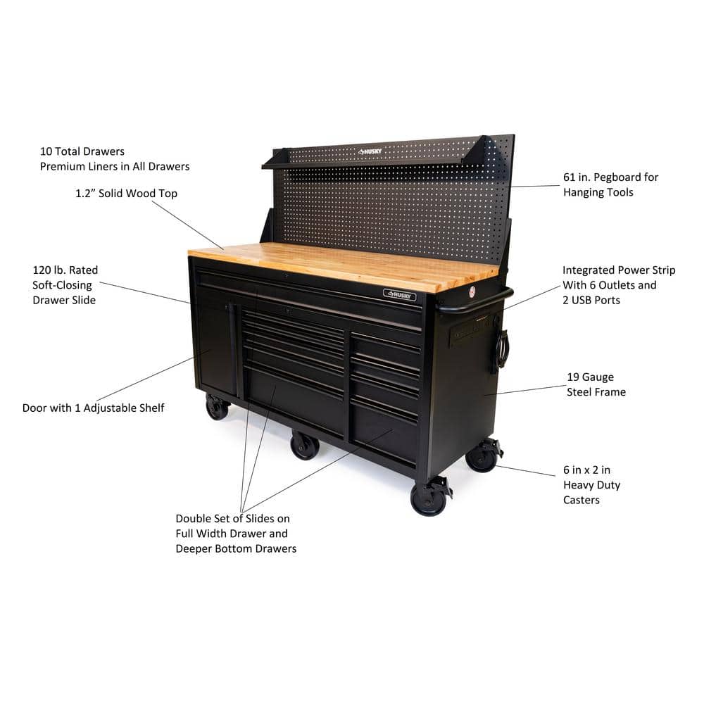 HUSKY - 61 In. W X 26 In. D Heavy Duty 10-Drawer 1-Door Mobile Workbench with Hardwood Top, Pegboard and Shelf in Matte Black - Serious Techies