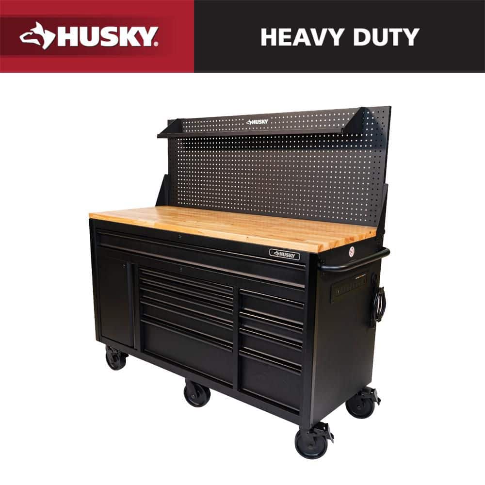 HUSKY - 61 In. W X 26 In. D Heavy Duty 10-Drawer 1-Door Mobile Workbench with Hardwood Top, Pegboard and Shelf in Matte Black - Serious Techies