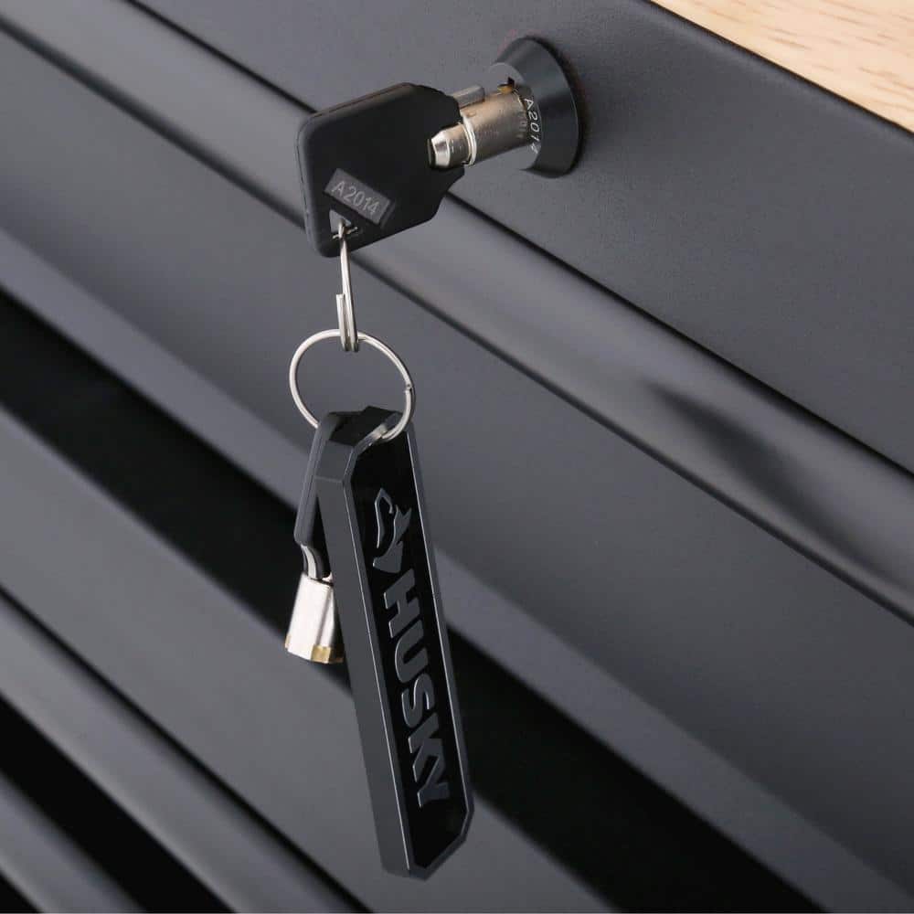 HUSKY - 61 In. W X 26 In. D Heavy Duty 10-Drawer 1-Door Mobile Workbench with Hardwood Top, Pegboard and Shelf in Matte Black - Serious Techies