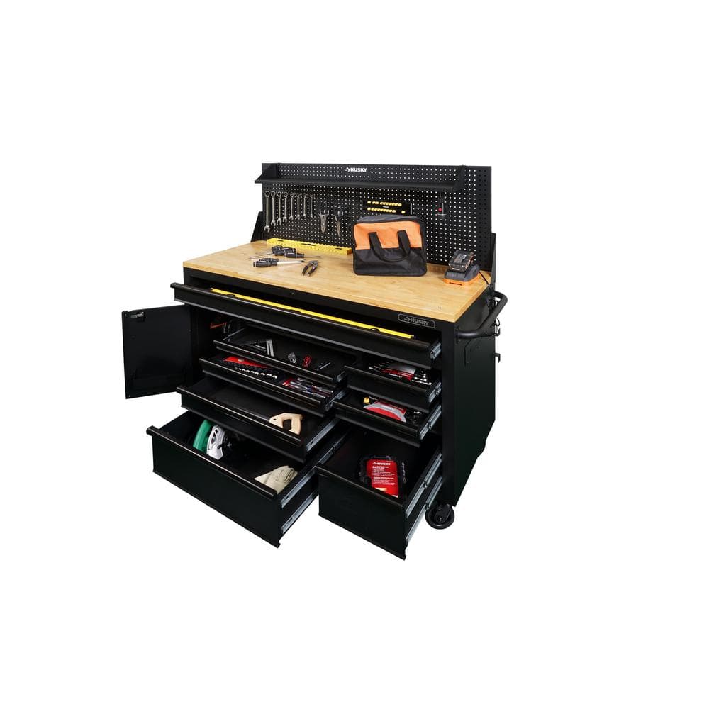 HUSKY - 61 In. W X 26 In. D Heavy Duty 10-Drawer 1-Door Mobile Workbench with Hardwood Top, Pegboard and Shelf in Matte Black - Serious Techies