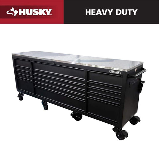 Husky - 96 In. W X 24 In. D 16-Drawer Heavy-Duty Mobile Workbench with Stainless Steel Top in Matte Black - Serious Techies