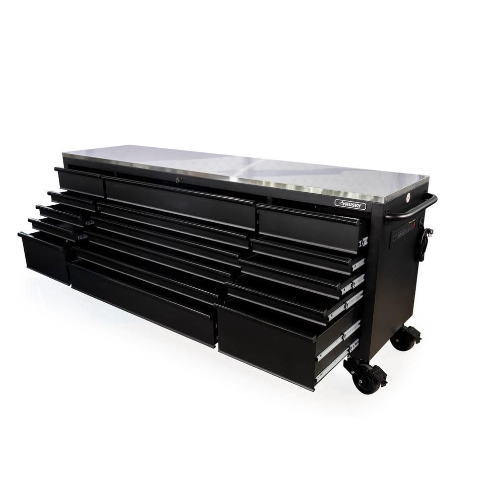 Husky - 96 In. W X 24 In. D 16-Drawer Heavy-Duty Mobile Workbench with Stainless Steel Top in Matte Black - Serious Techies
