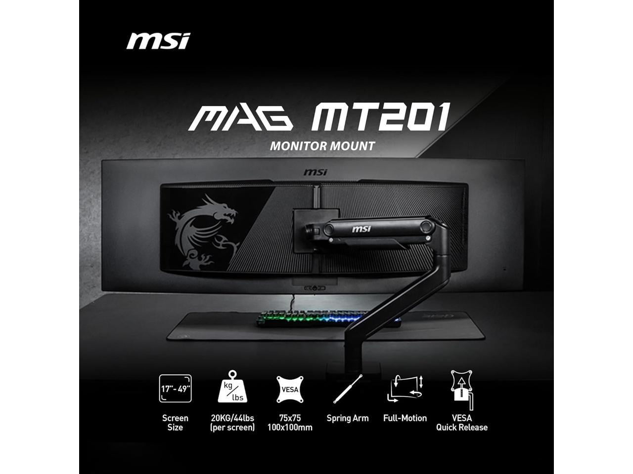 MSI  - MAG MT201 - Premium Heavy Duty Single Monitor Stand Arm, Supports 17-49" Screens and 44 Lbs, VESA Compatible, Adjustable Spring Assisted Mount, Clamp & Grommet, Quick Release Plate - Black - Serious Techies