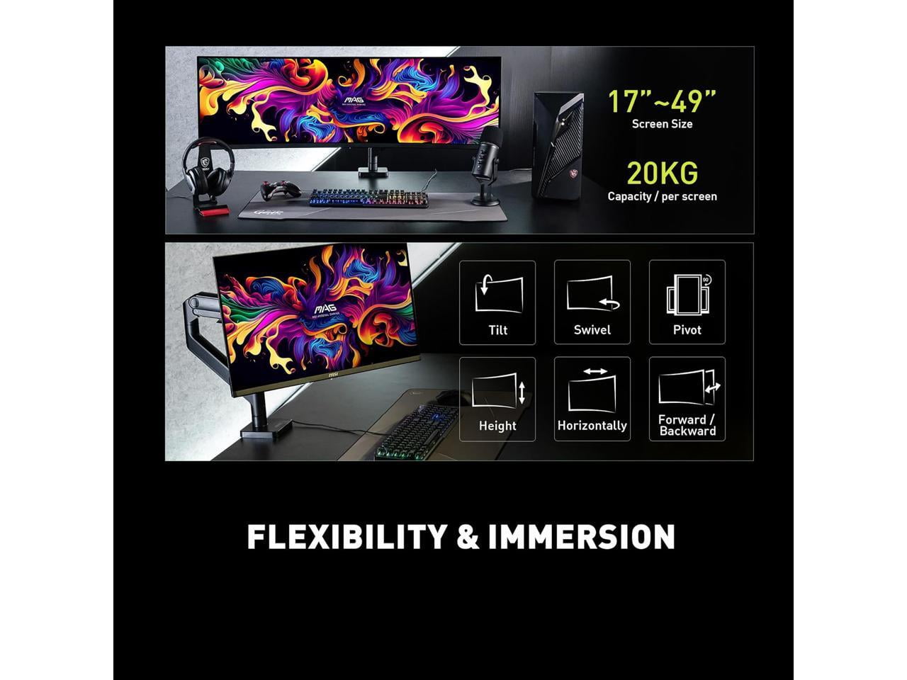 MSI  - MAG MT201 - Premium Heavy Duty Single Monitor Stand Arm, Supports 17-49" Screens and 44 Lbs, VESA Compatible, Adjustable Spring Assisted Mount, Clamp & Grommet, Quick Release Plate - Black - Serious Techies