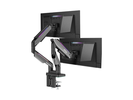 MSI - MPG MT201DR - Premium RGB Dual Monitor Stand Arms, 17-35" Support, VESA Compatible, Adjustable Heavy Duty Gas Spring Mount, 44 Lbs per Screen Capacity, Clamp & Grommet, Quick Release Plate - Gray - Serious Techies