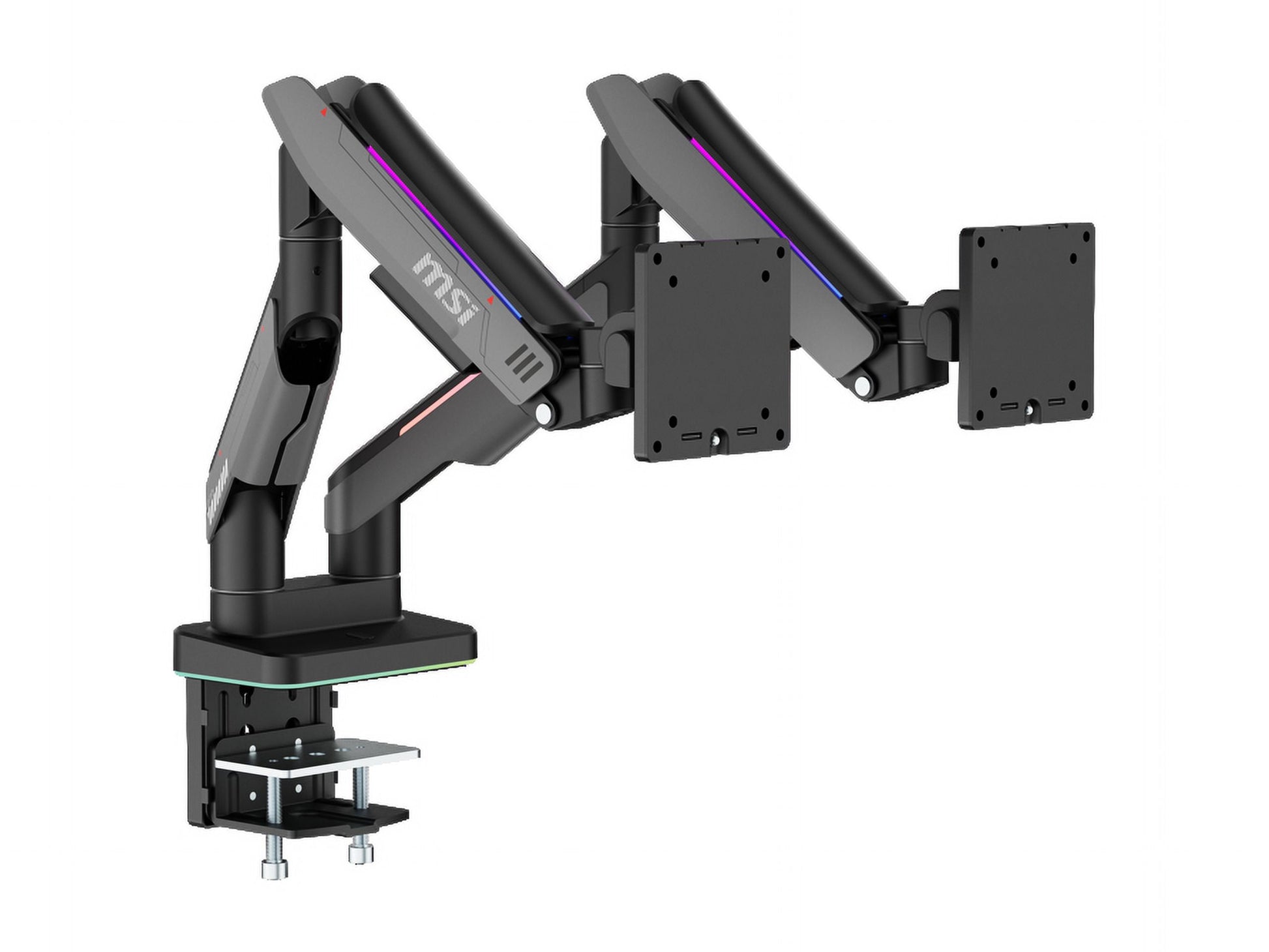 MSI - MPG MT201DR - Premium RGB Dual Monitor Stand Arms, 17-35" Support, VESA Compatible, Adjustable Heavy Duty Gas Spring Mount, 44 Lbs per Screen Capacity, Clamp & Grommet, Quick Release Plate - Gray - Serious Techies