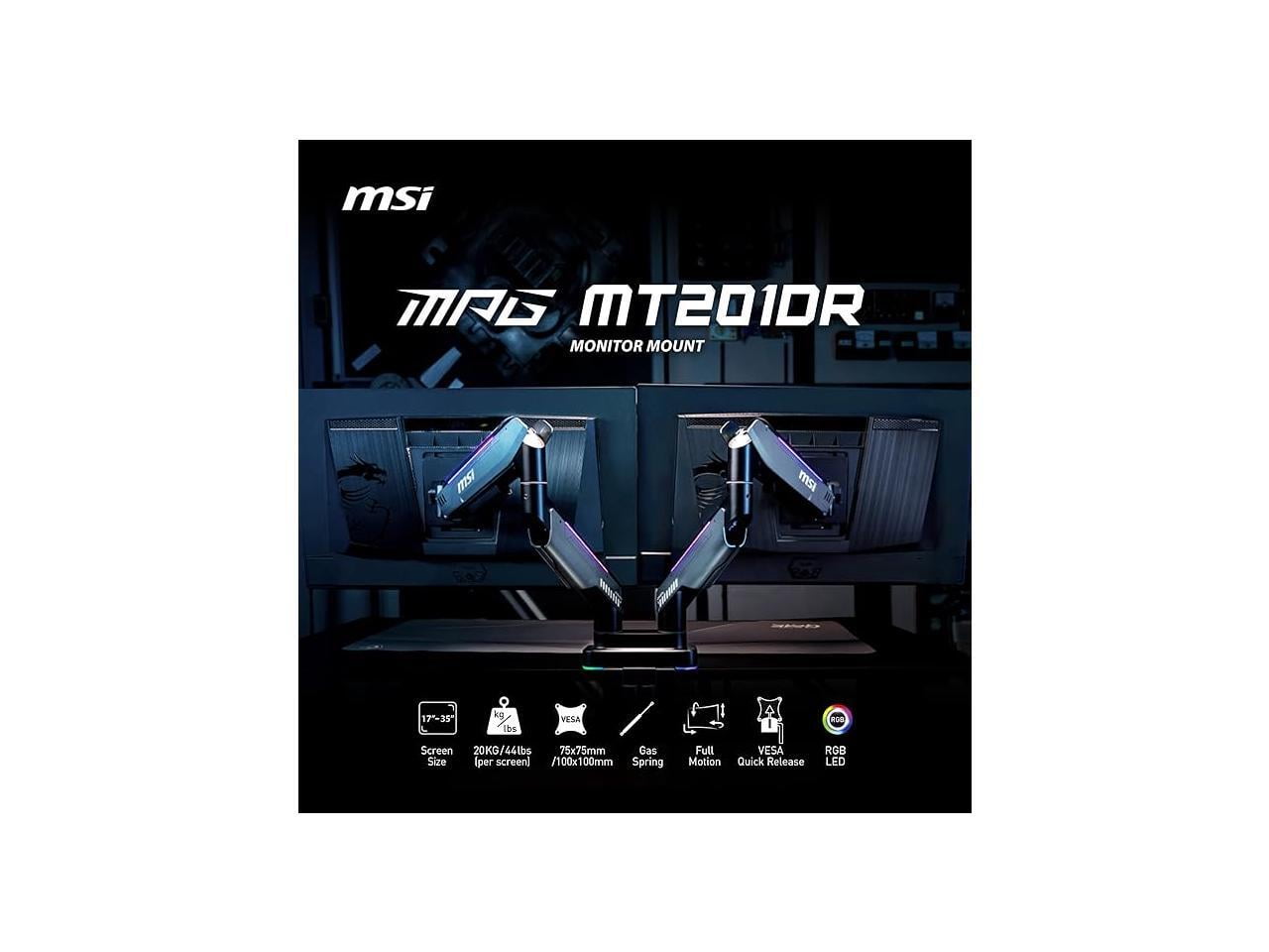 MSI - MPG MT201DR - Premium RGB Dual Monitor Stand Arms, 17-35" Support, VESA Compatible, Adjustable Heavy Duty Gas Spring Mount, 44 Lbs per Screen Capacity, Clamp & Grommet, Quick Release Plate - Gray - Serious Techies