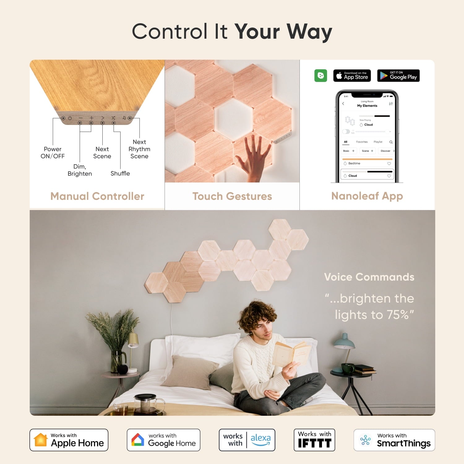 Nanoleaf - Elements Wood Look Hexagons Smarter Kit - Smart Wall Light Panels - 7Pk - Serious Techies