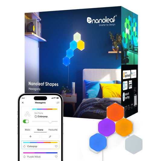 Nanoleaf - Shapes Hexagons Smarter Kit (5 Panels) – Modular Wall Light Panels for Indoor Use, Modern Home Decor Style - Serious Techies