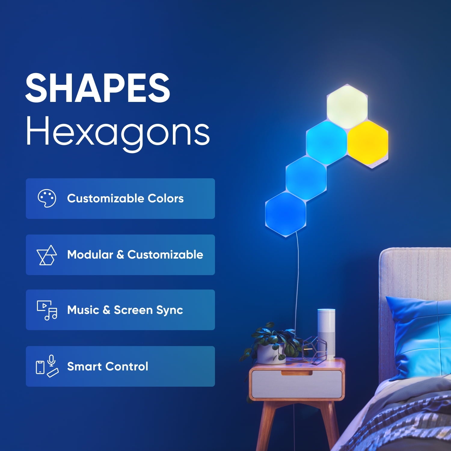 Nanoleaf - Shapes Hexagons Smarter Kit (5 Panels) – Modular Wall Light Panels for Indoor Use, Modern Home Decor Style - Serious Techies