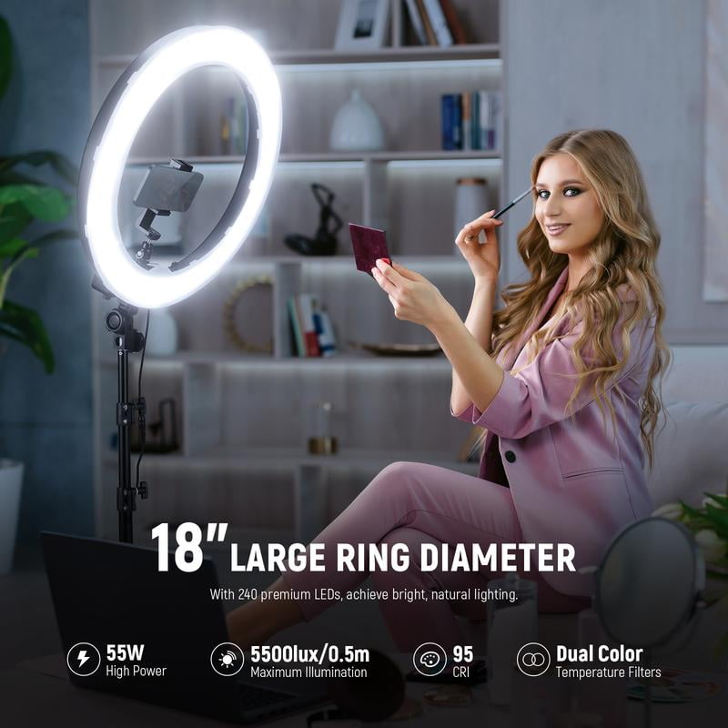 Neewer - 18" Ring Light, LED Selfie Light Kit, Adjustable Stand, Phone Holder, Dimmable Lighting, for Makeup, Vlogging, Video, Photography, Live Streaming - Serious Techies