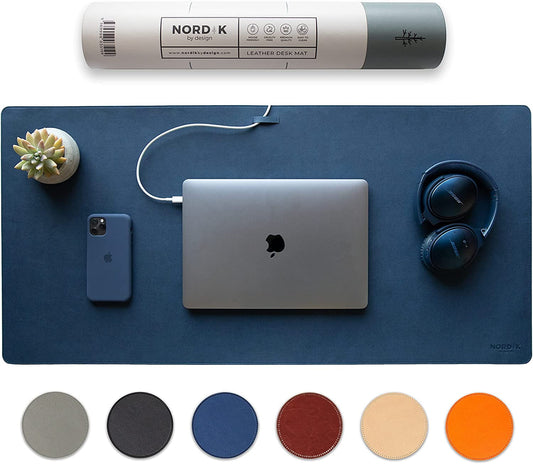 Nordik - Leather Desk Mat Cable Organizer (Midnight Blue 35 X 17 Inch) Premium Extended Mouse Mat for Home Office Accessories - Felt Vegan Large Leather Desk Pad Protector & Desk Blotter Pads Decor - Serious Techies