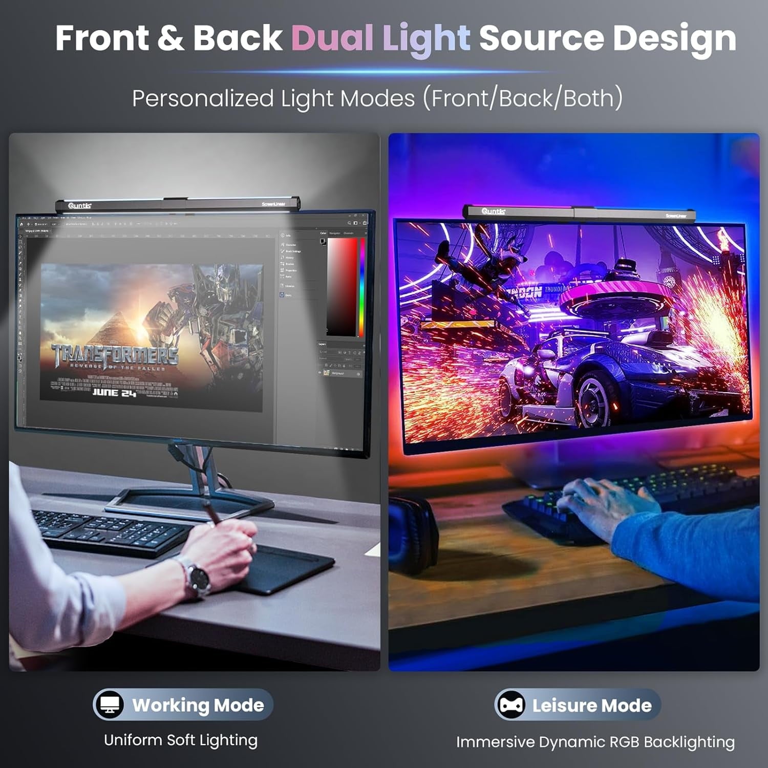 Quntis - RGB Monitor Light Backlight, Ra95 Dual Light Bar Gaming Office Desk Lamp, 15 Modes Dimmable, 3 Color Temperature Adjustable, Eye Caring Screen Light Bar for Home Game - Serious Techies