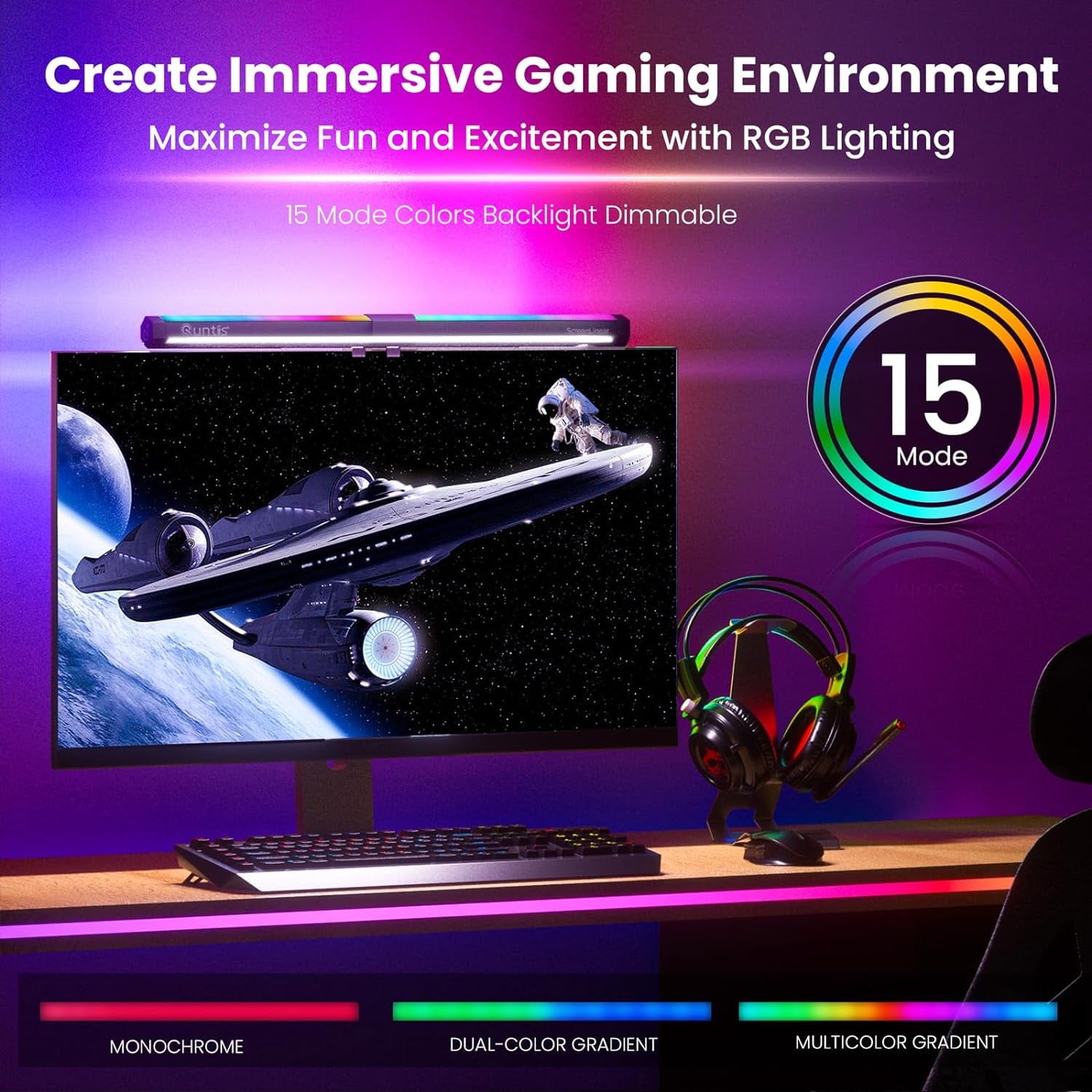 Quntis - RGB Monitor Light Backlight, Ra95 Dual Light Bar Gaming Office Desk Lamp, 15 Modes Dimmable, 3 Color Temperature Adjustable, Eye Caring Screen Light Bar for Home Game - Serious Techies
