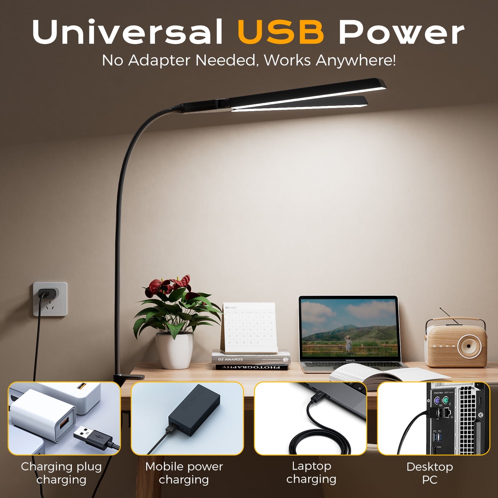 Quntis - 28" LED Desk Lamp, 96 Leds Eye-Care Monitor Light, 3 Brightness Levels & 4 Temperatures Flexible Gooseneck & Architect Desk Clamp for Home Office, Study, Design - Serious Techies
