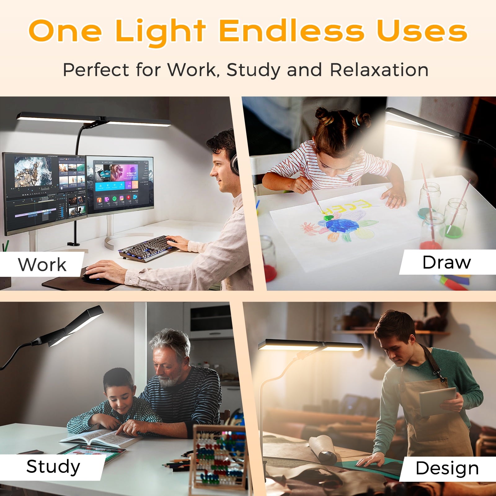 Quntis - 28" LED Desk Lamp, 96 Leds Eye-Care Monitor Light, 3 Brightness Levels & 4 Temperatures Flexible Gooseneck & Architect Desk Clamp for Home Office, Study, Design - Serious Techies