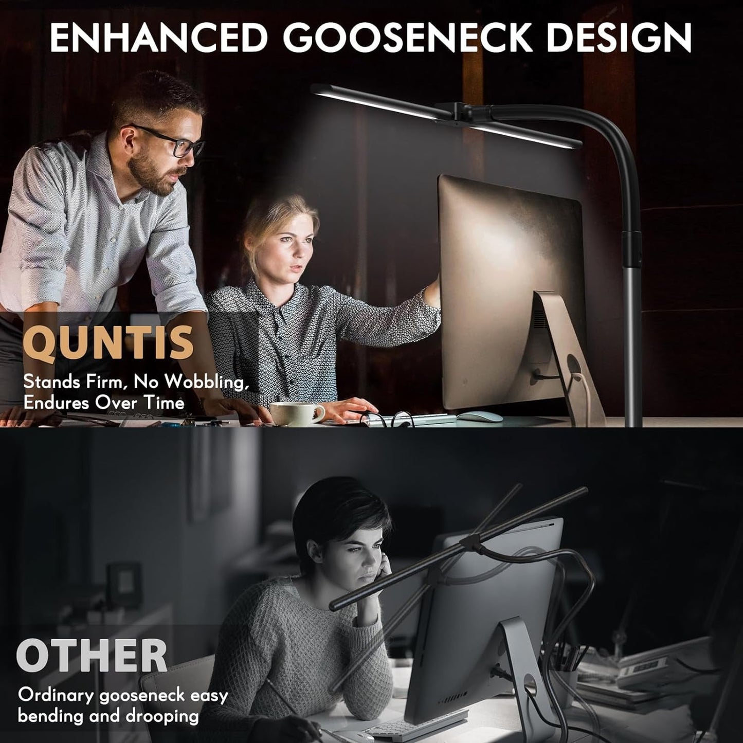 Quntis - LED Desk Lamp for Home Office, 24W Ultra Wide Double Head Architect Desk Lamp with 25 Lighting Modes, 30.7'' Adjustable Gooseneck Monitor Light for Work Office, Gray - Serious Techies