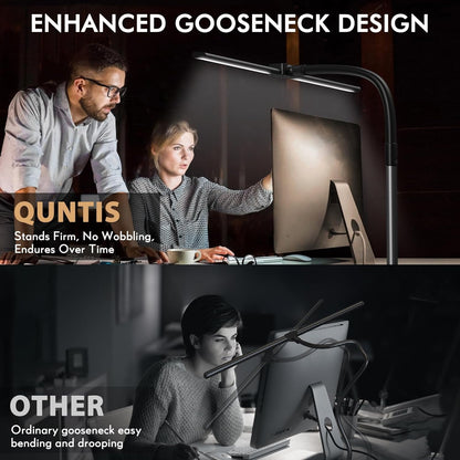 Quntis - LED Desk Lamp for Home Office, 24W Ultra Wide Double Head Architect Desk Lamp with 25 Lighting Modes, 30.7'' Adjustable Gooseneck Monitor Light for Work Office, Gray - Serious Techies