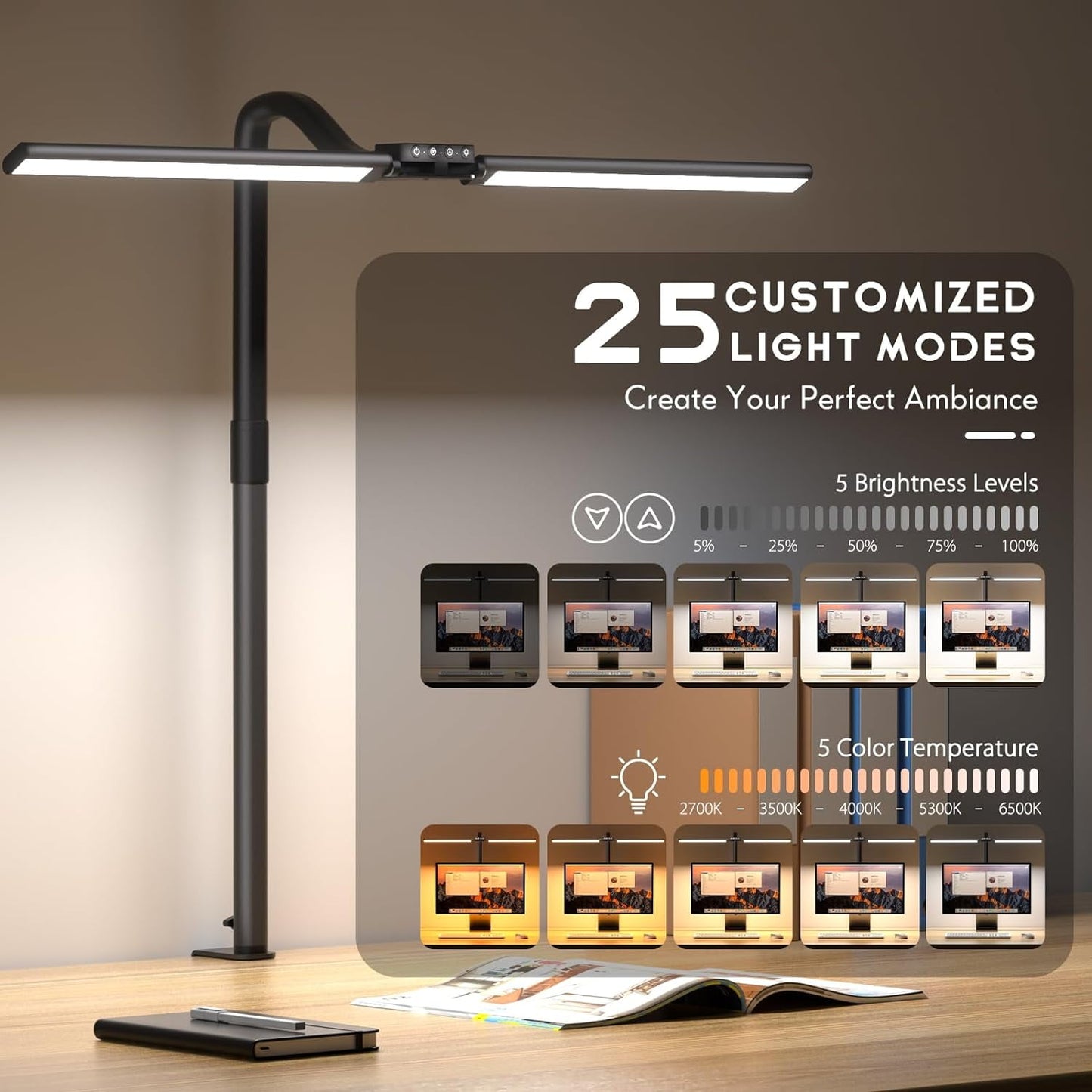 Quntis - LED Desk Lamp for Home Office, 24W Ultra Wide Double Head Architect Desk Lamp with 25 Lighting Modes, 30.7'' Adjustable Gooseneck Monitor Light for Work Office, Gray - Serious Techies